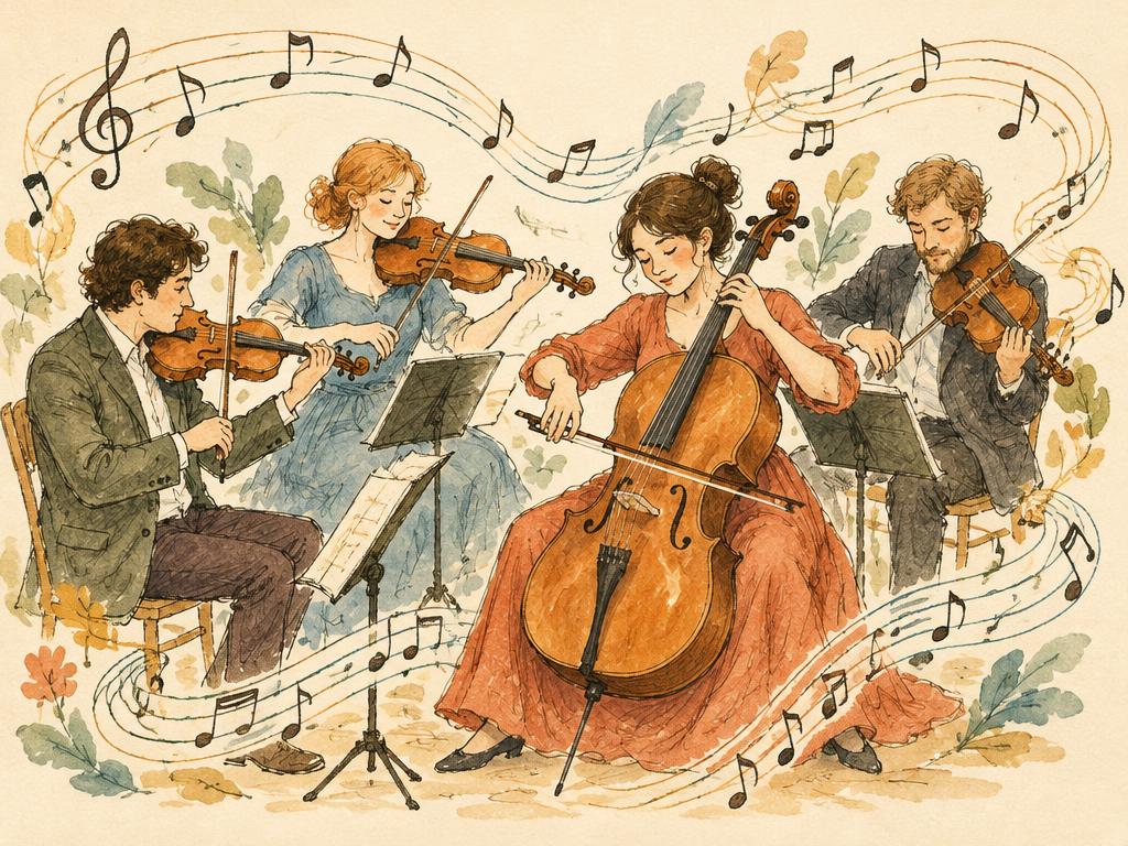 Hand-drawn illustration of a string quartet playing, surrounded by swirling music notes