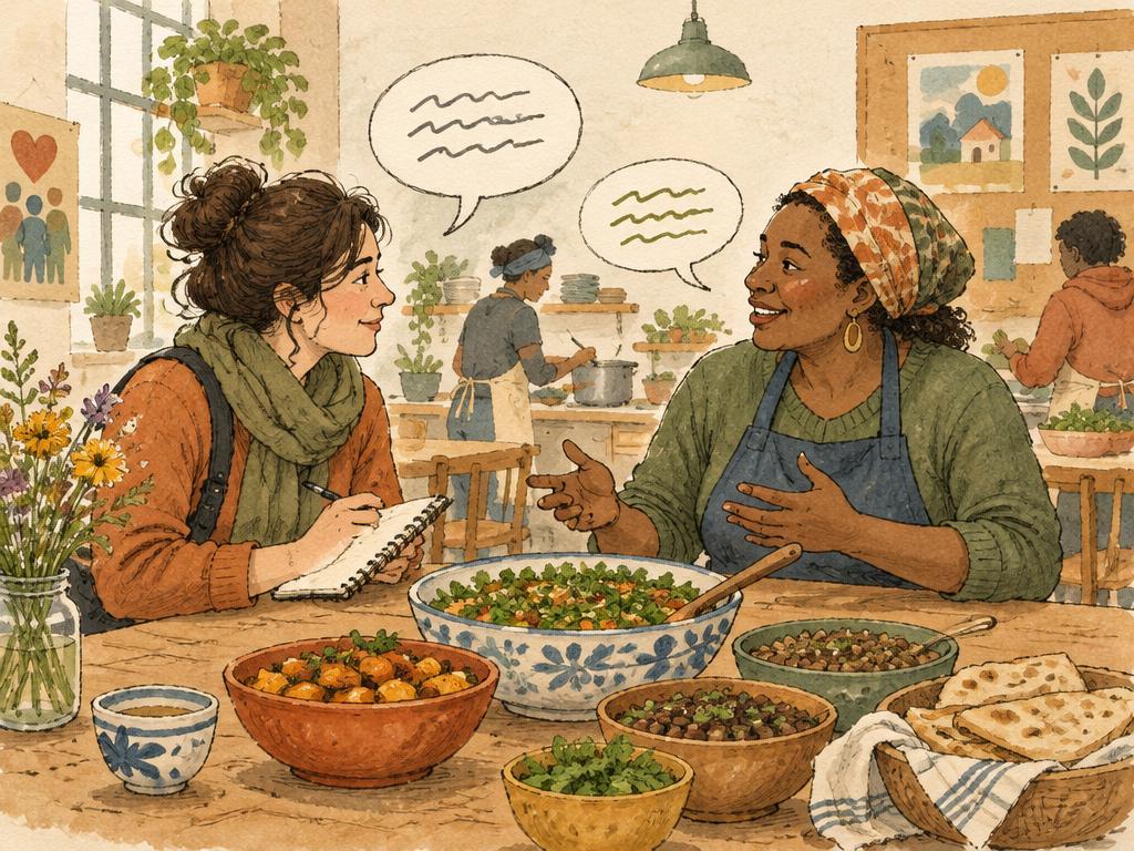 Hand-drawn illustration of a journalist interviewing a cook in a community kitchen full of shared dishes